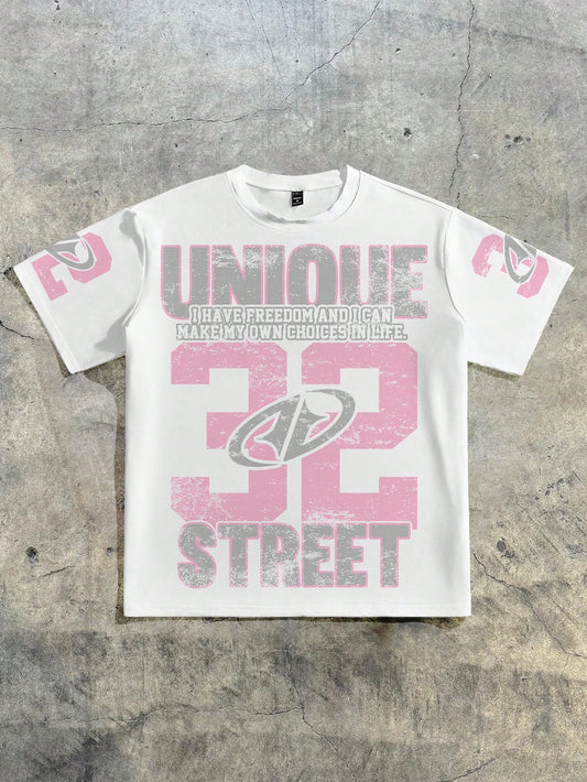 EZwear Casual Street Style, Sports Style, Pink Numeric Placement Print Pattern, Minimalist Round Neck Short Sleeve Loose T-Shirt, Unisex, Suitable For Summer