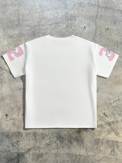 EZwear Casual Street Style, Sports Style, Pink Numeric Placement Print Pattern, Minimalist Round Neck Short Sleeve Loose T-Shirt, Unisex, Suitable For Summer
