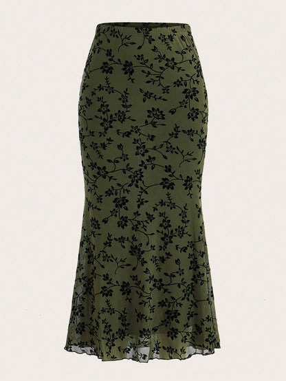 EZwear Floral Print Mermaid Hem Mesh Skirt