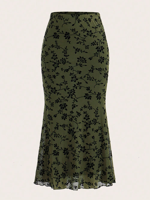 EZwear Floral Print Mermaid Hem Mesh Skirt