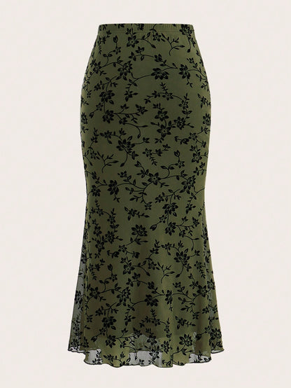 EZwear Floral Print Mermaid Hem Mesh Skirt