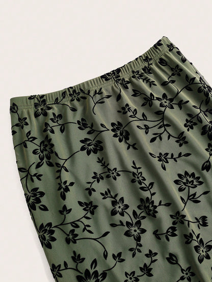 EZwear Floral Print Mermaid Hem Mesh Skirt