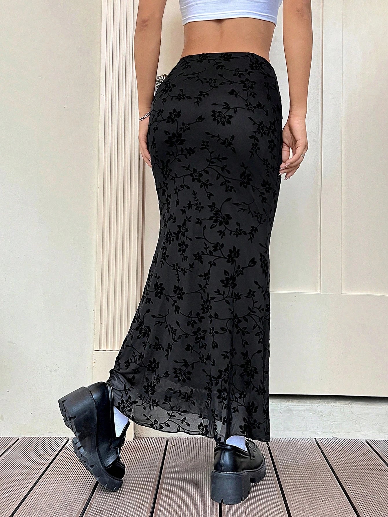 EZwear Floral Print Mermaid Hem Mesh Skirt