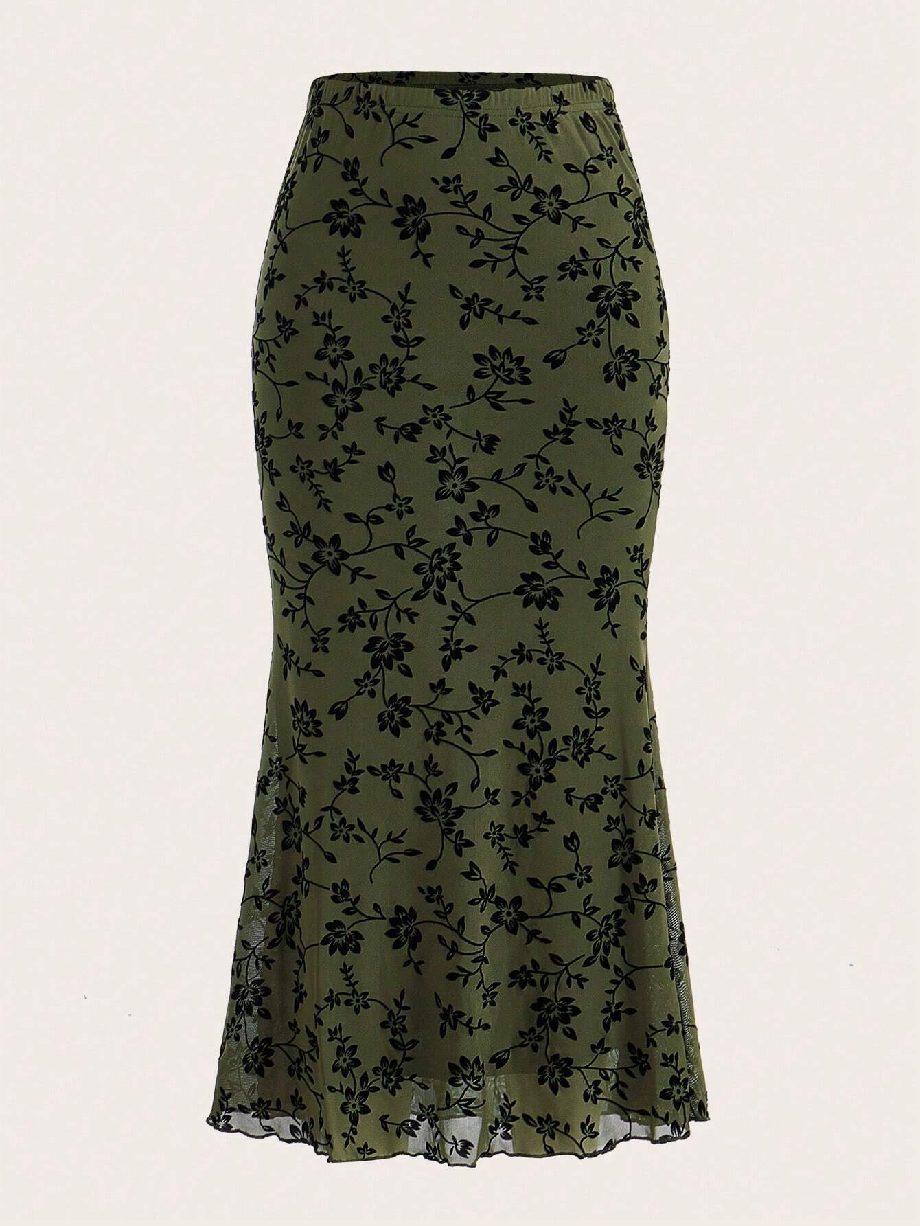 EZwear Floral Print Mermaid Hem Mesh Skirt