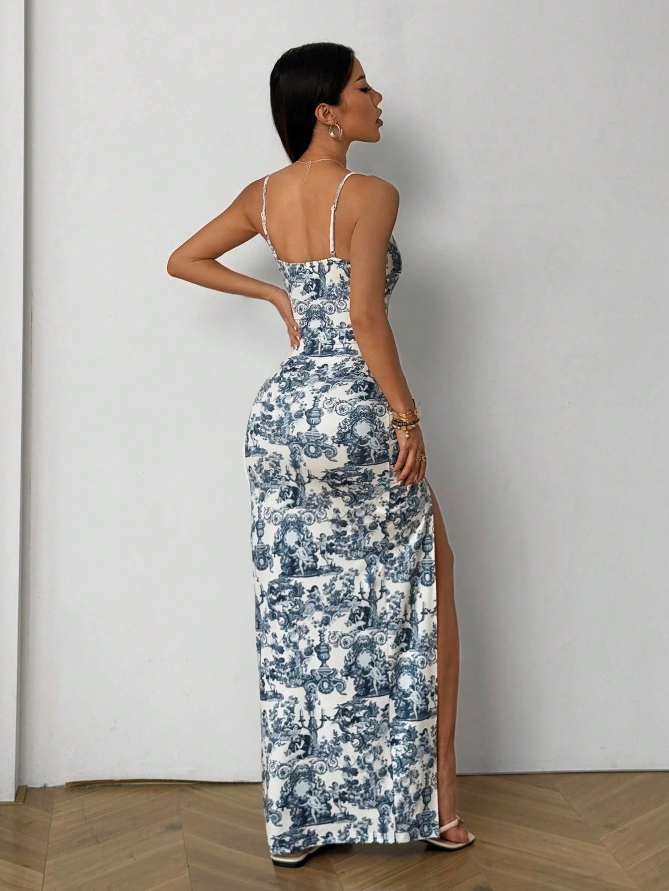 EZwear Ladies Summer New Blue White High Slit Maxi Dress, Suitable For Vacation Wear,Summer Dresses Women, Outfits, Beach Vacation Holiday Sexy