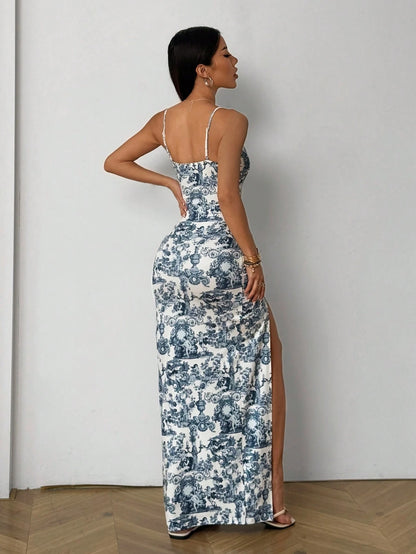 EZwear Ladies Summer New Blue White High Slit Maxi Dress, Suitable For Vacation Wear,Summer Dresses Women, Outfits, Beach Vacation Holiday Sexy