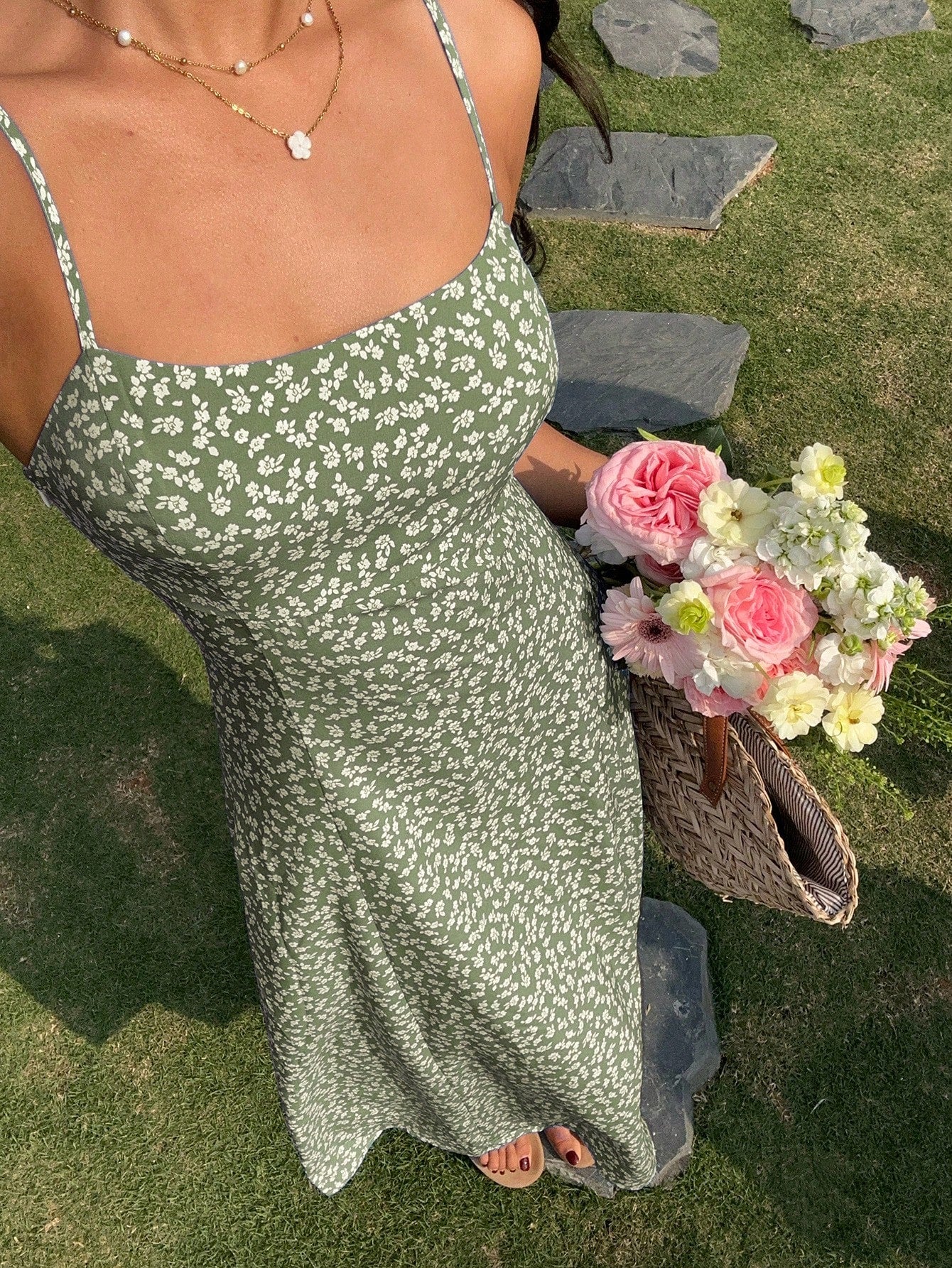 EZwear Olive Green Ditsy Floral Sleeveless Beach Vacation Dress For Women,Summer Dresses For Women