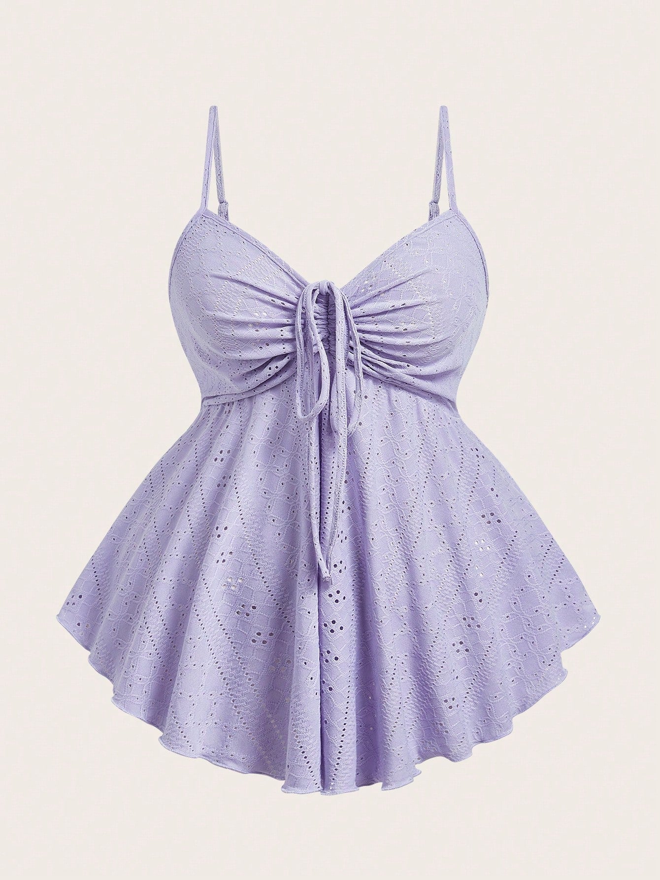 EZwear Plus Size Women Purple Hollow-Out Embroidery Spaghetti Strap Top With Drawstring Details, Summer