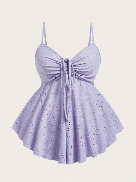EZwear Plus Size Women Purple Hollow-Out Embroidery Spaghetti Strap Top With Drawstring Details, Summer