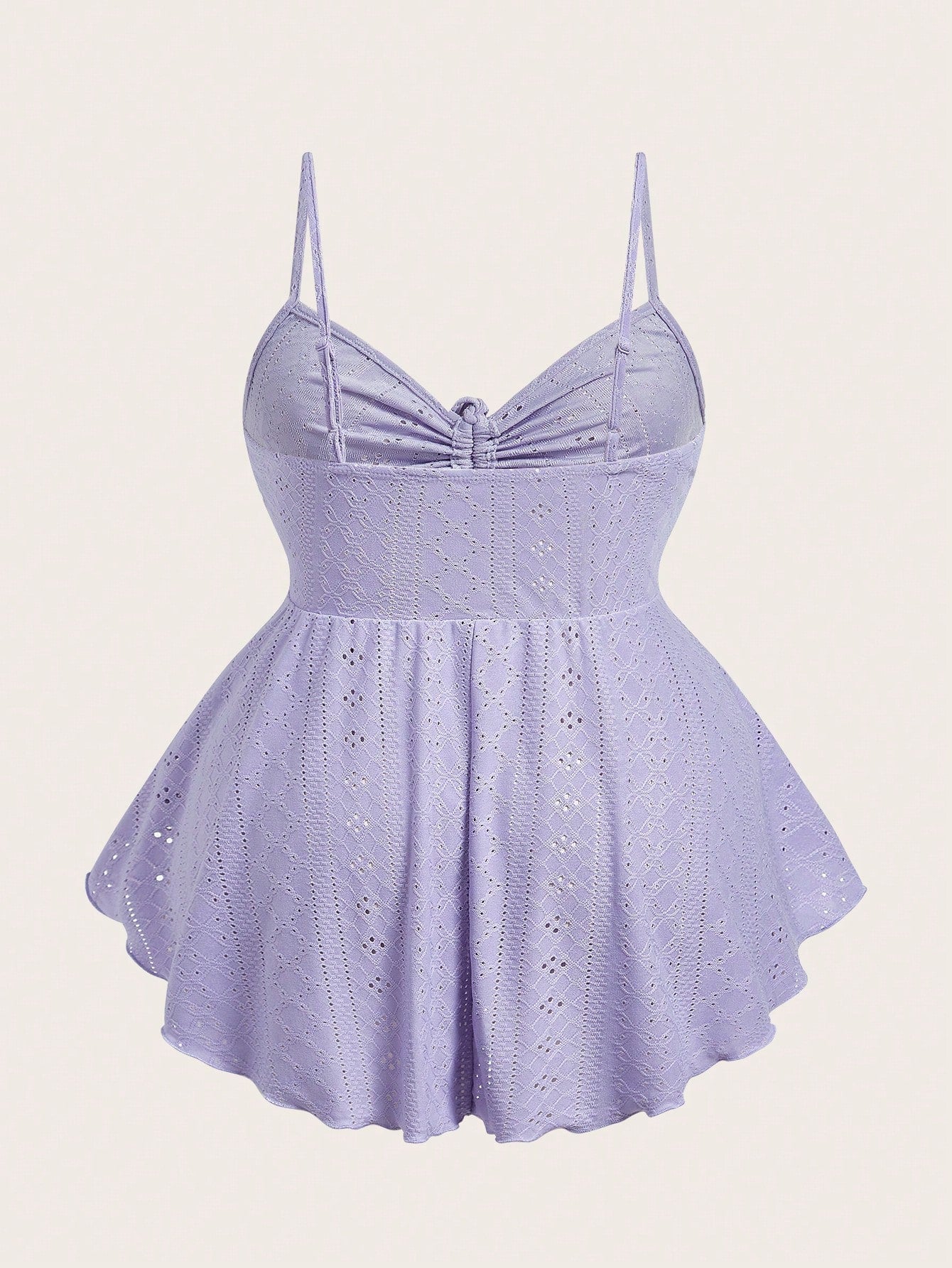 EZwear Plus Size Women Purple Hollow-Out Embroidery Spaghetti Strap Top With Drawstring Details, Summer