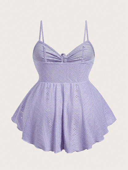 EZwear Plus Size Women Purple Hollow-Out Embroidery Spaghetti Strap Top With Drawstring Details, Summer