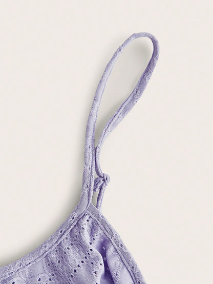 EZwear Plus Size Women Purple Hollow-Out Embroidery Spaghetti Strap Top With Drawstring Details, Summer