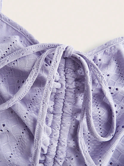 EZwear Plus Size Women Purple Hollow-Out Embroidery Spaghetti Strap Top With Drawstring Details, Summer