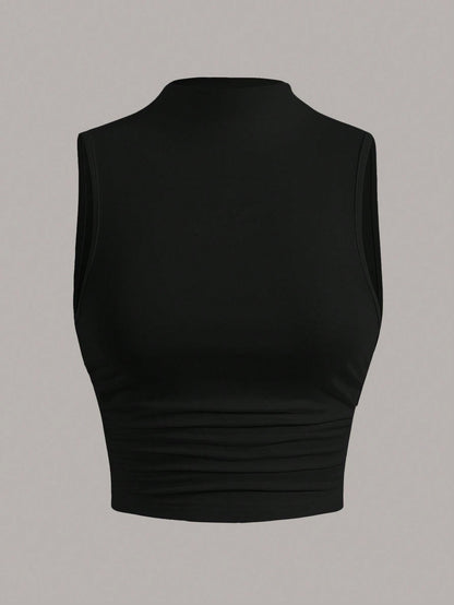 EZwear Summer Going Out Mock Neck Ruched Side White Summer Tank Top