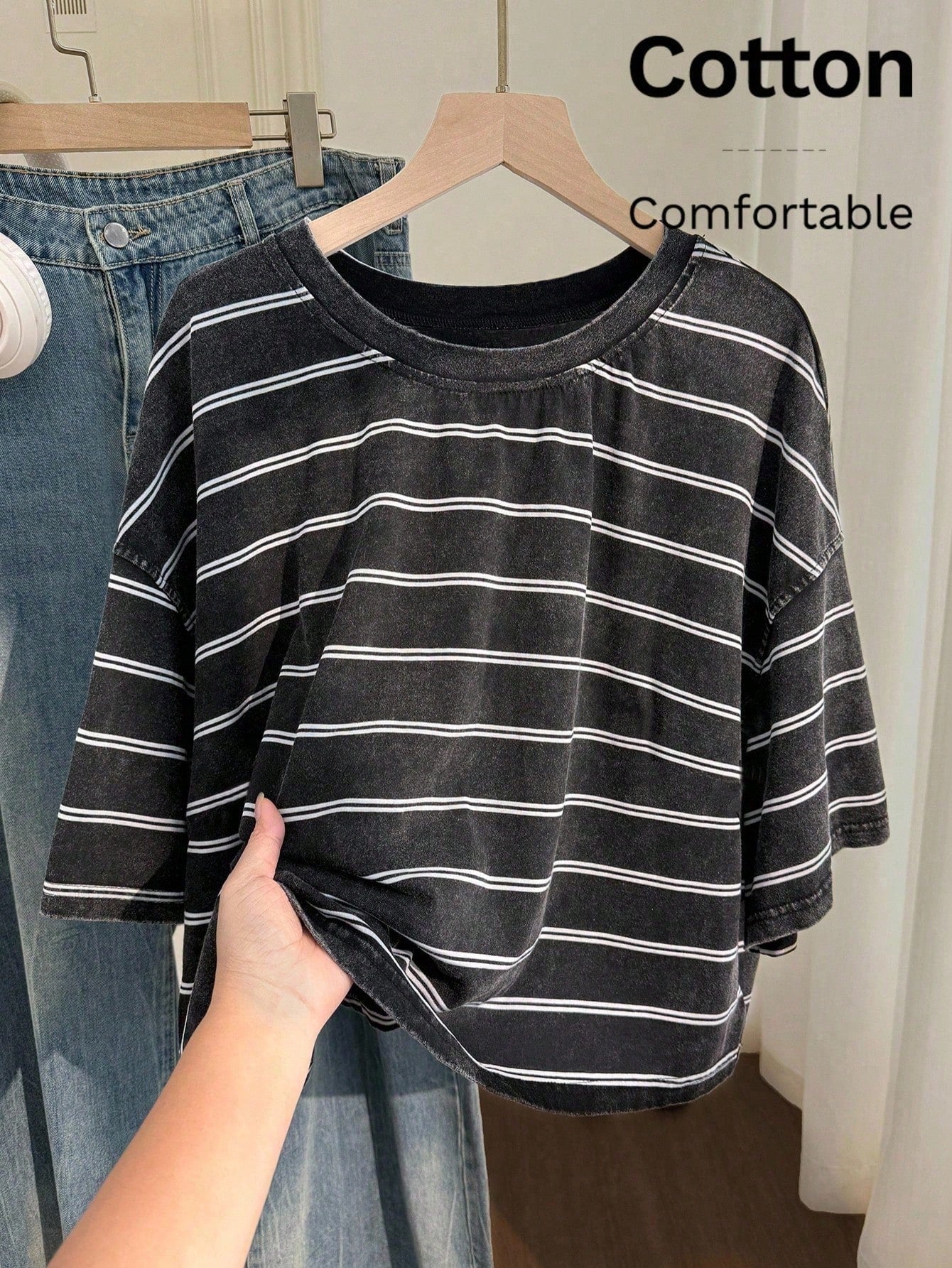 EZwear Women's Dark Grey Cotton Vintage Snow Wash Short Sleeve T-Shirt Summer Casual Streetwear Fashionable Y2K Distressed Tops Back-To-School Daily Wear