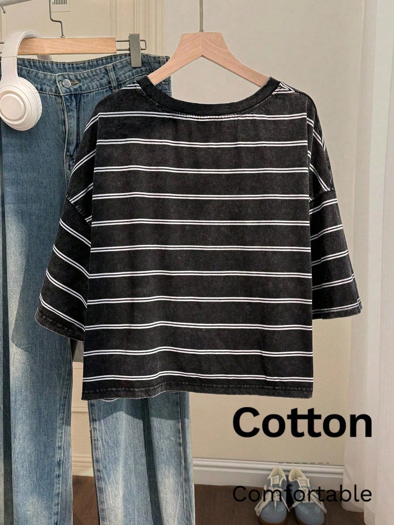 EZwear Women's Dark Grey Cotton Vintage Snow Wash Short Sleeve T-Shirt Summer Casual Streetwear Fashionable Y2K Distressed Tops Back-To-School Daily Wear