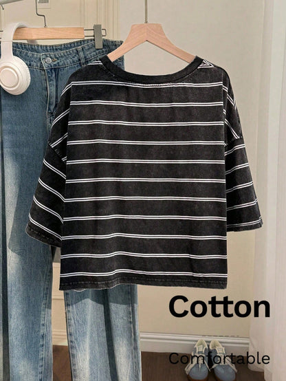 EZwear Women's Dark Grey Cotton Vintage Snow Wash Short Sleeve T-Shirt Summer Casual Streetwear Fashionable Y2K Distressed Tops Back-To-School Daily Wear