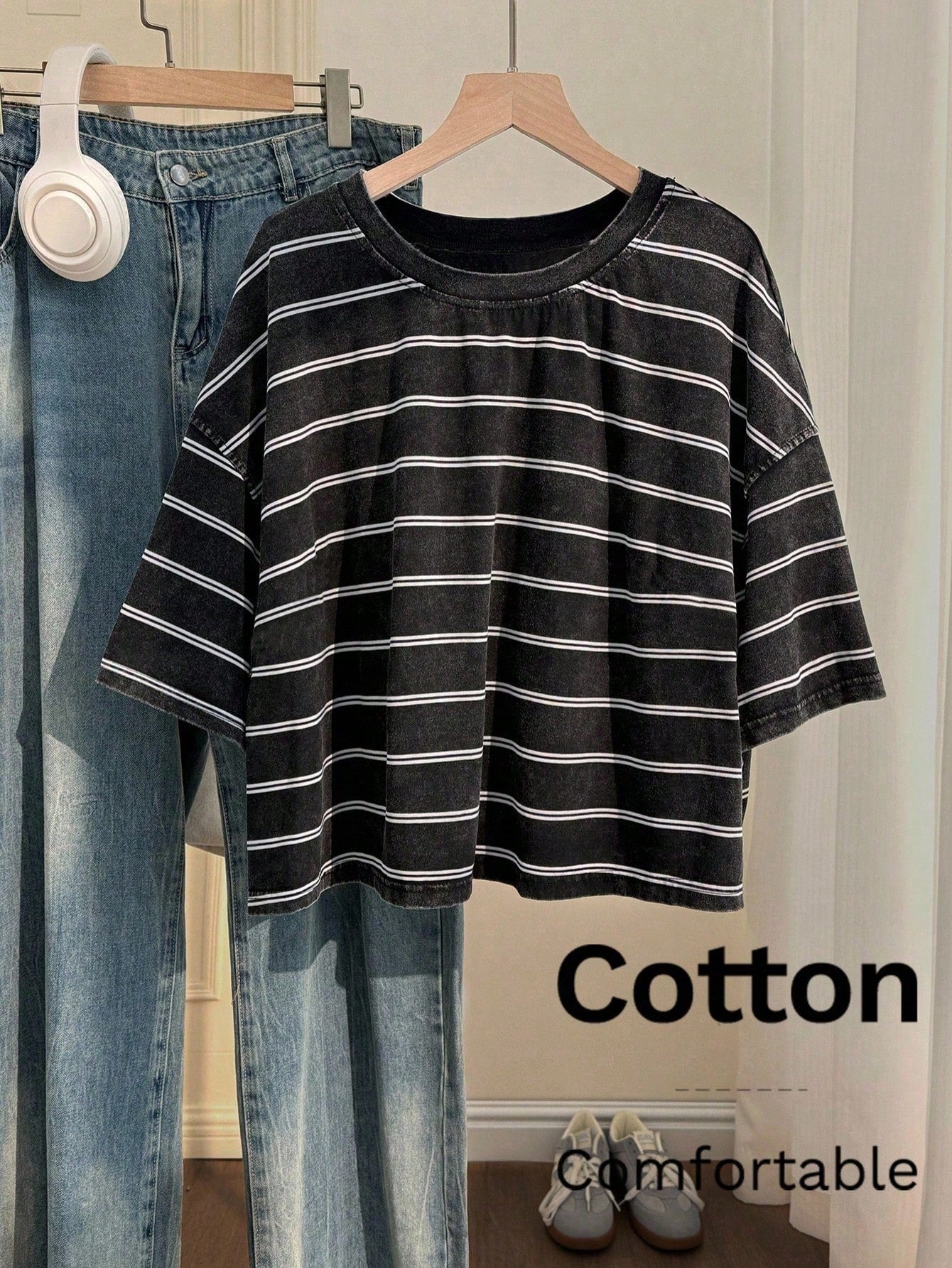 EZwear Women's Dark Grey Cotton Vintage Snow Wash Short Sleeve T-Shirt Summer Casual Streetwear Fashionable Y2K Distressed Tops Back-To-School Daily Wear