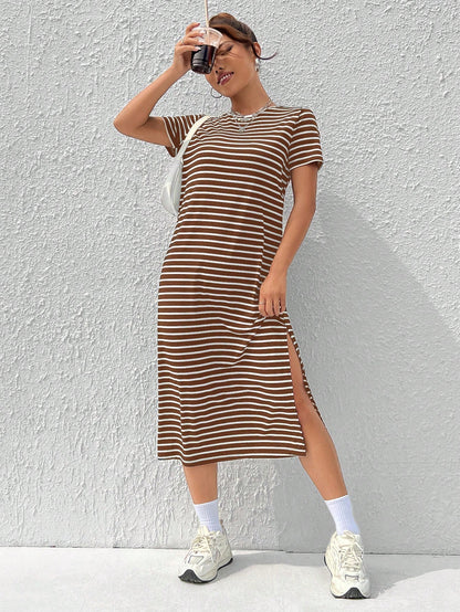 EZwear Women's Summer Casual Coffee Brown Knitted Striped Dress With Side Slit Hem