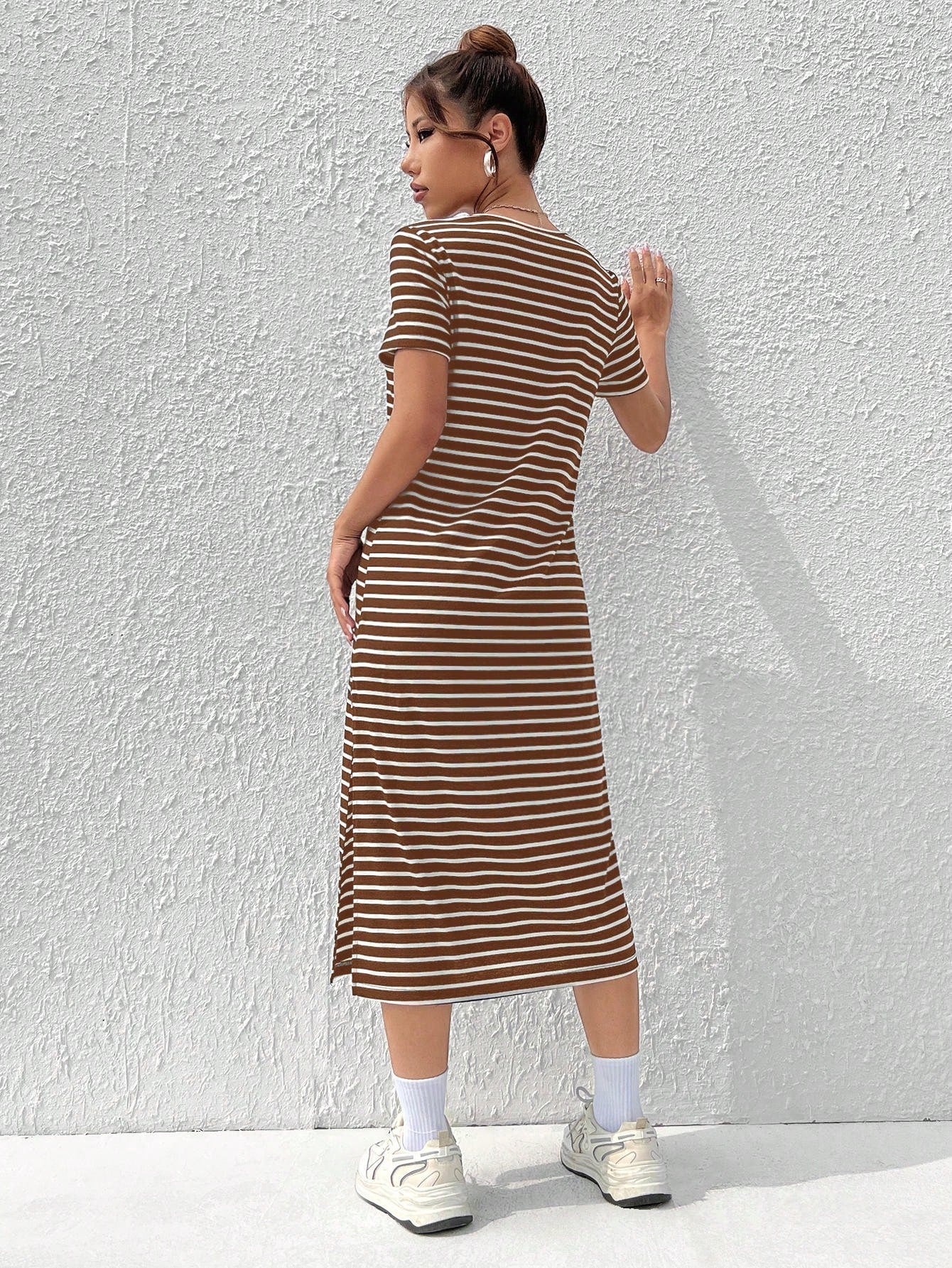 EZwear Women's Summer Casual Coffee Brown Knitted Striped Dress With Side Slit Hem