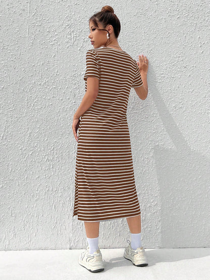 EZwear Women's Summer Casual Coffee Brown Knitted Striped Dress With Side Slit Hem