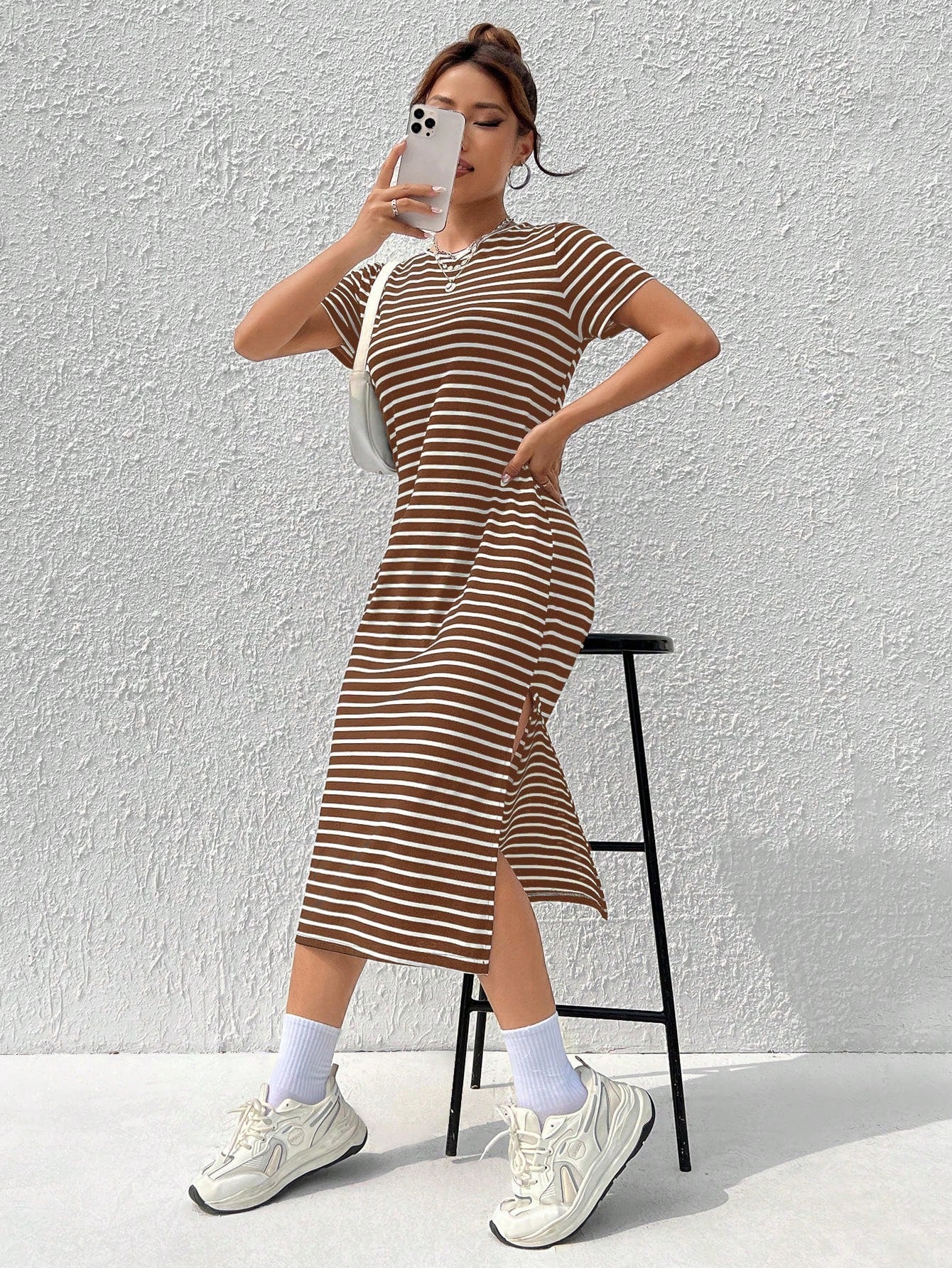 EZwear Women's Summer Casual Coffee Brown Knitted Striped Dress With Side Slit Hem