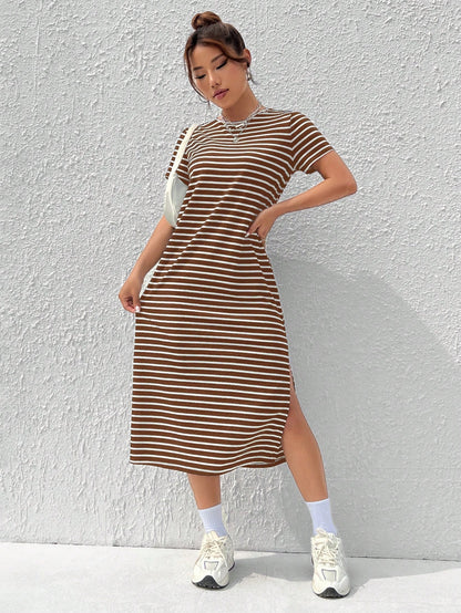 EZwear Women's Summer Casual Coffee Brown Knitted Striped Dress With Side Slit Hem