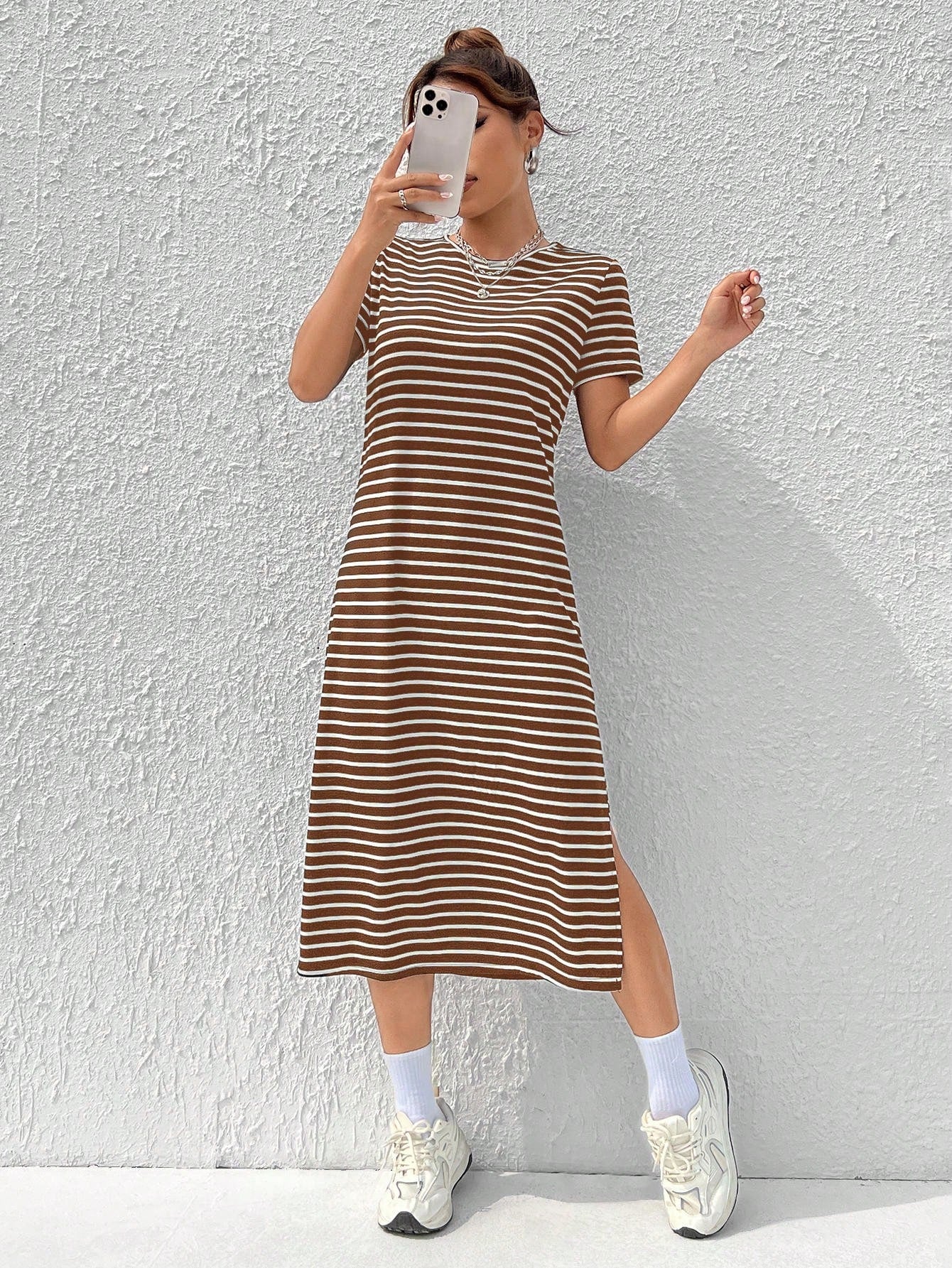 EZwear Women's Summer Casual Coffee Brown Knitted Striped Dress With Side Slit Hem