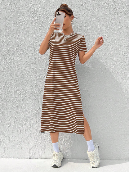 EZwear Women's Summer Casual Coffee Brown Knitted Striped Dress With Side Slit Hem