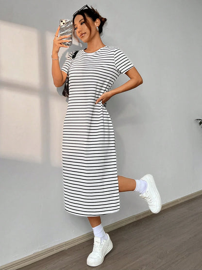 EZwear Women's Summer Casual Coffee Brown Knitted Striped Dress With Side Slit Hem