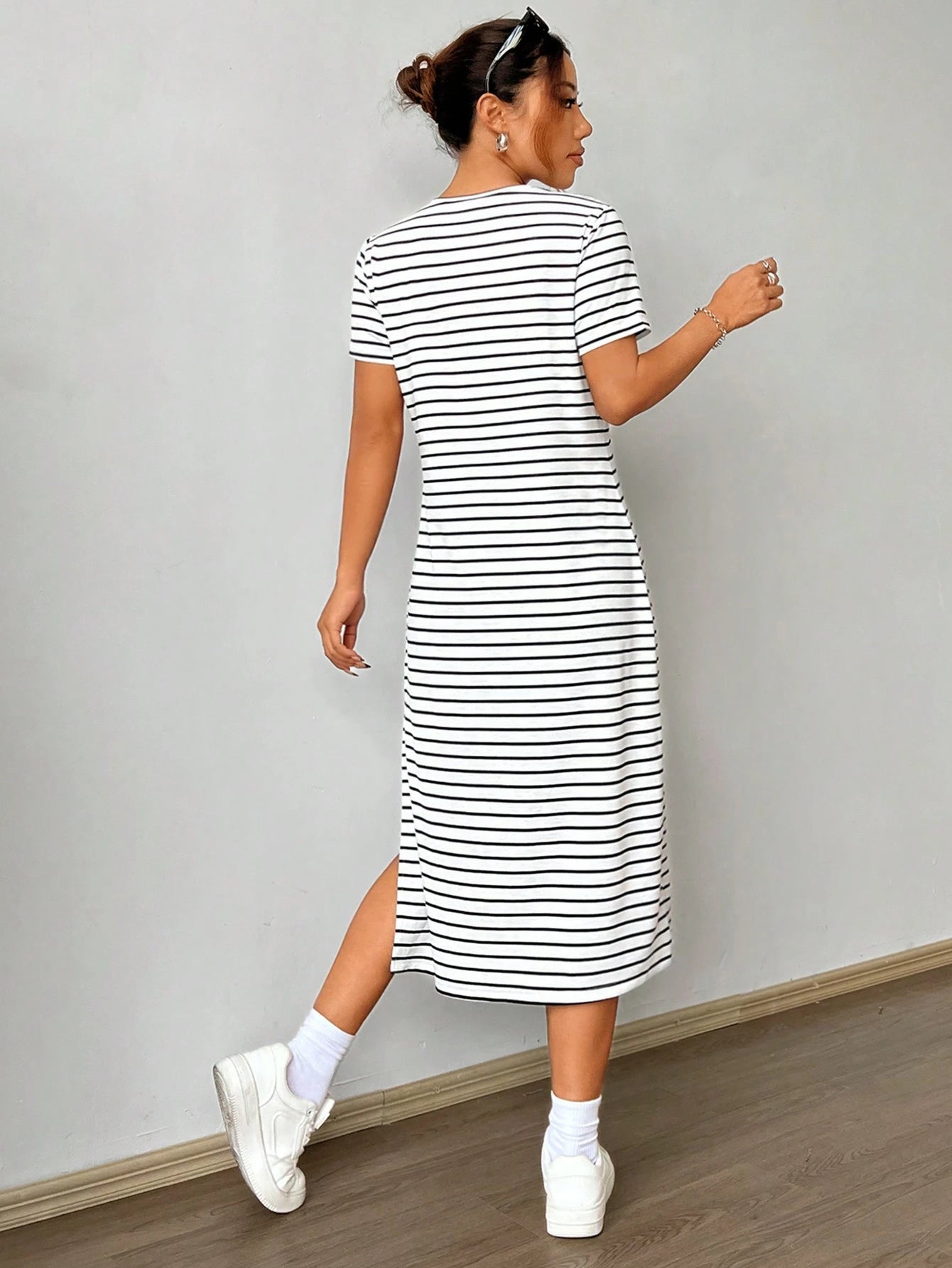 EZwear Women's Summer Casual Coffee Brown Knitted Striped Dress With Side Slit Hem