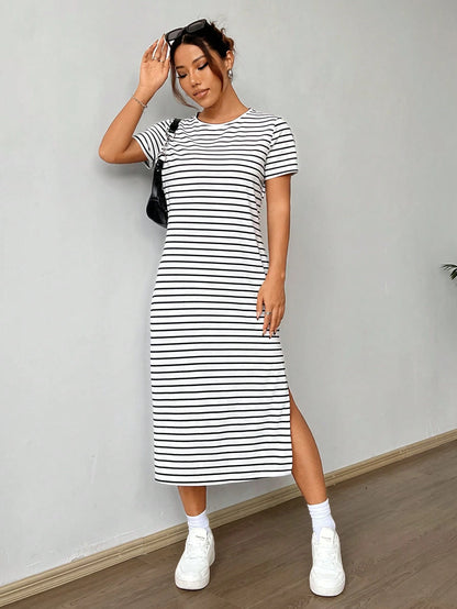 EZwear Women's Summer Casual Coffee Brown Knitted Striped Dress With Side Slit Hem