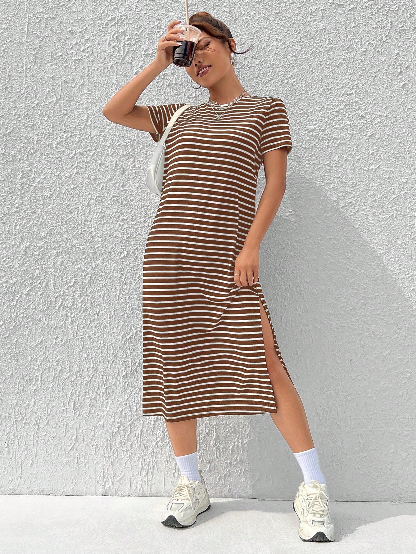 EZwear Women's Summer Casual Coffee Brown Knitted Striped Dress With Side Slit Hem