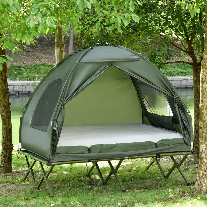 #Summervibes Outsunny 1/2 Person Foldable Camping Cot with Tent, Bedspread, Thick Air Mattress, 4-In-1 Elevated Camping Bed for Outdoor Hiking, Picnic, Travel,summerwins