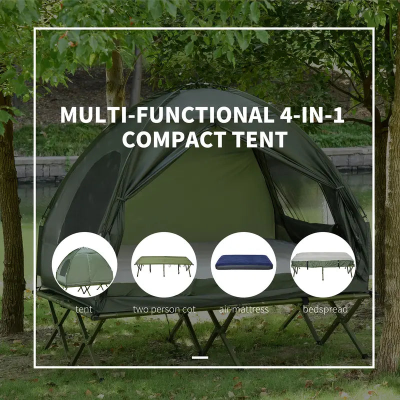 #Summervibes Outsunny 1/2 Person Foldable Camping Cot with Tent, Bedspread, Thick Air Mattress, 4-In-1 Elevated Camping Bed for Outdoor Hiking, Picnic, Travel,summerwins
