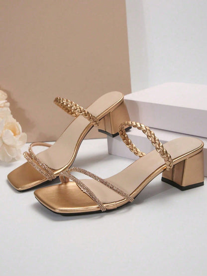Fairy Style Square Toe Chunky Heel Sandals, Fashion Versatile Multi-Strap French Crystal High Heels For Summer & Autumn