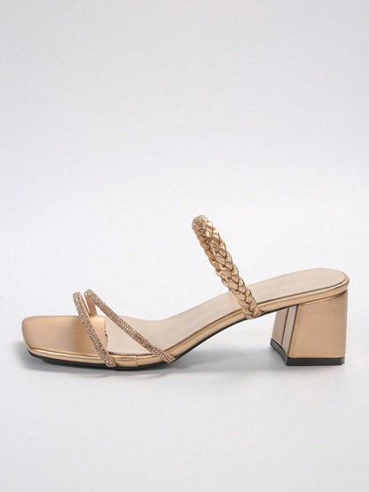 Fairy Style Square Toe Chunky Heel Sandals, Fashion Versatile Multi-Strap French Crystal High Heels For Summer & Autumn