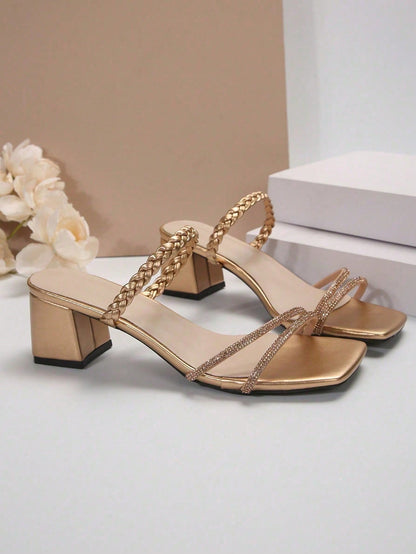 Fairy Style Square Toe Chunky Heel Sandals, Fashion Versatile Multi-Strap French Crystal High Heels For Summer & Autumn