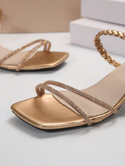 Fairy Style Square Toe Chunky Heel Sandals, Fashion Versatile Multi-Strap French Crystal High Heels For Summer & Autumn