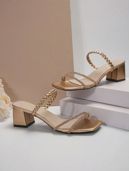 Fairy Style Square Toe Chunky Heel Sandals, Fashion Versatile Multi-Strap French Crystal High Heels For Summer & Autumn