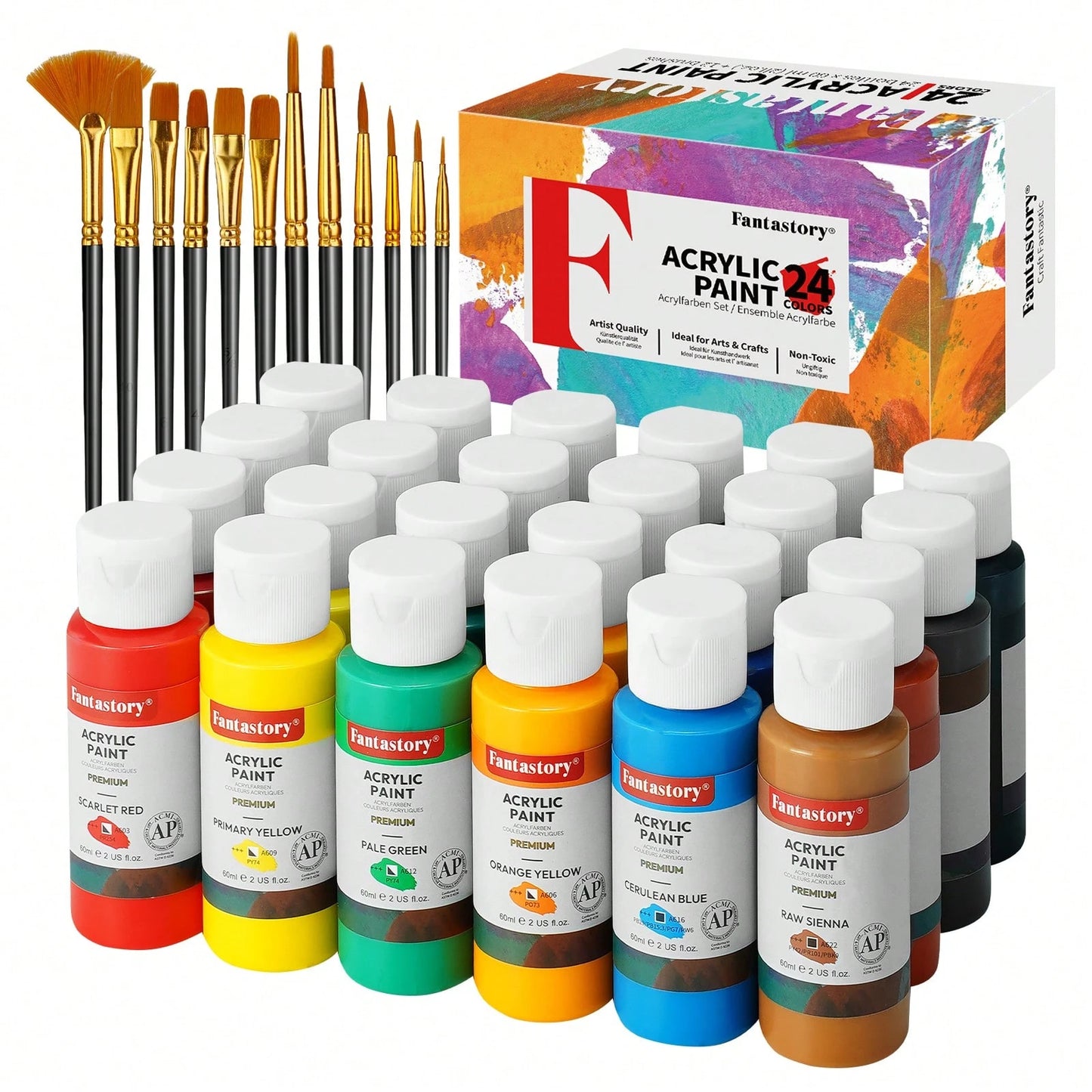 Fantastory Acrylic Paint Set (24 X 2 Oz ) With 12 Brushes – Fade-Resistant, Waterproof Christmas Acrylic Paints For Glass, Canvas, Wood, Ceramics, Models – Ideal For Beginners, Art Students, Hobby Art