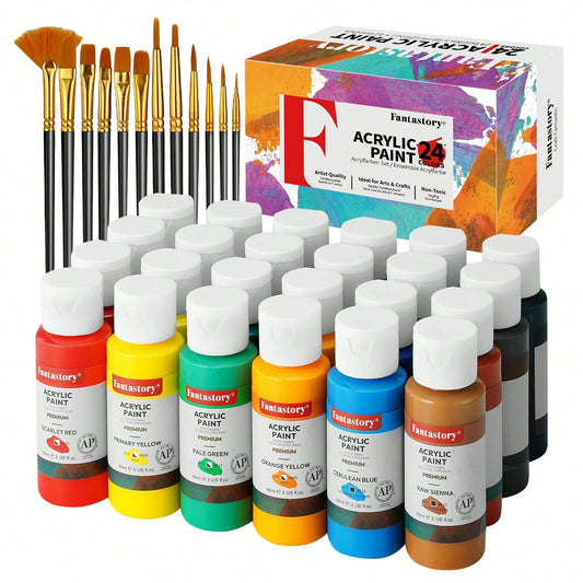 Fantastory Acrylic Paint Set (24 X 2 Oz ) With 12 Brushes – Fade-Resistant, Waterproof Christmas Acrylic Paints For Glass, Canvas, Wood, Ceramics, Models – Ideal For Beginners, Art Students, Hobby Art