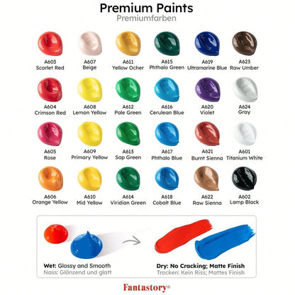 Fantastory Acrylic Paint Set (24 X 2 Oz ) With 12 Brushes – Fade-Resistant, Waterproof Christmas Acrylic Paints For Glass, Canvas, Wood, Ceramics, Models – Ideal For Beginners, Art Students, Hobby Art