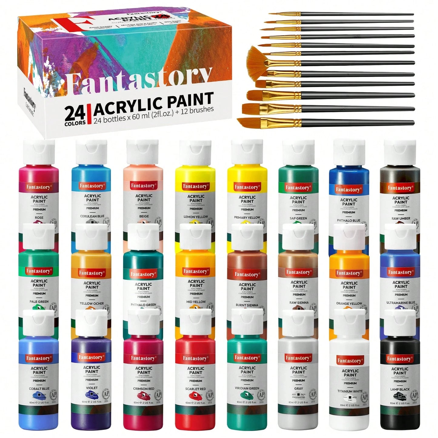 Fantastory Acrylic Paint Set (24 X 2 Oz ) With 12 Brushes – Fade-Resistant, Waterproof Christmas Acrylic Paints For Glass, Canvas, Wood, Ceramics, Models – Ideal For Beginners, Art Students, Hobby Art