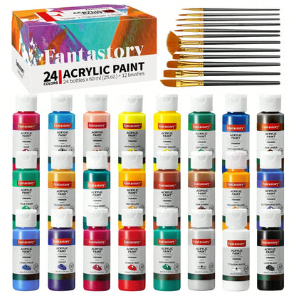 Fantastory Acrylic Paint Set (24 X 2 Oz ) With 12 Brushes – Fade-Resistant, Waterproof Christmas Acrylic Paints For Glass, Canvas, Wood, Ceramics, Models – Ideal For Beginners, Art Students, Hobby Art