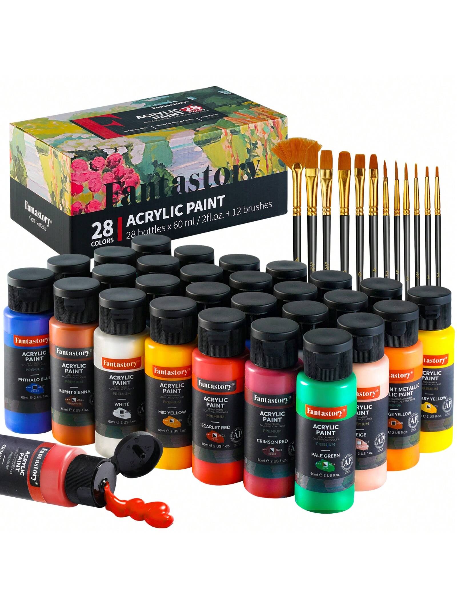 Fantastory Acrylic Paint Set, 28 Classic Colors(2oz), Professional Craft Paint Kit,Canvas/Rock/Stone/Ceramic/Model/Wood Painting With 12 Brushes,Back To School,School Supplies