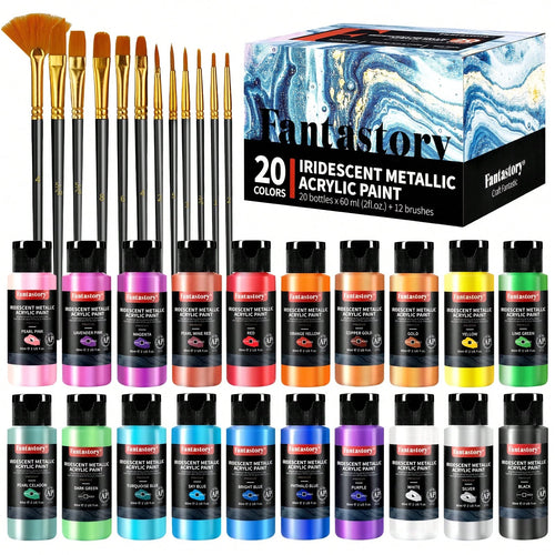 Fantastory Metallic Iridescent Acrylic Paint Set With 12 Brushes, 20 X 2oz Metallic Colors, Color-Shifting, Craft Paint Kit, Metal/Canvas/Rock/Stone/Ceramic/Model/Wood Painting