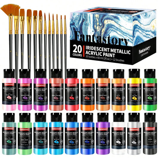 Fantastory Metallic Iridescent Acrylic Paint Set With 12 Brushes, 20 X 2oz Metallic Colors, Color-Shifting, Craft Paint Kit, Metal/Canvas/Rock/Stone/Ceramic/Model/Wood Painting
