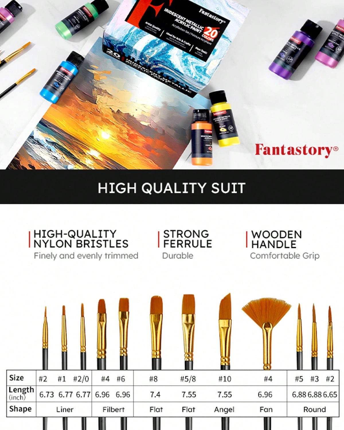 Fantastory Metallic Iridescent Acrylic Paint Set With 12 Brushes, 20 X 2oz Metallic Colors, Color-Shifting, Craft Paint Kit, Metal/Canvas/Rock/Stone/Ceramic/Model/Wood Painting