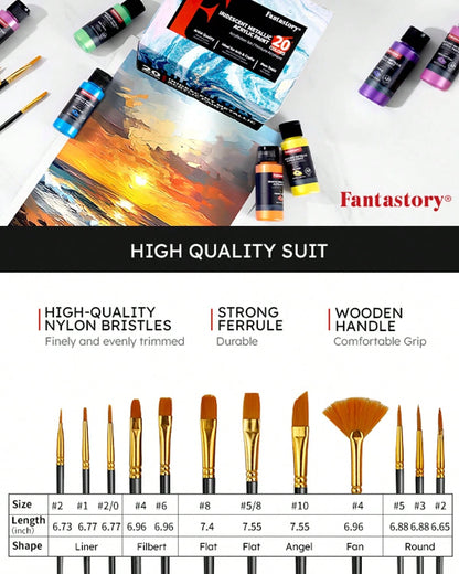 Fantastory Metallic Iridescent Acrylic Paint Set With 12 Brushes, 20 X 2oz Metallic Colors, Color-Shifting, Craft Paint Kit, Metal/Canvas/Rock/Stone/Ceramic/Model/Wood Painting